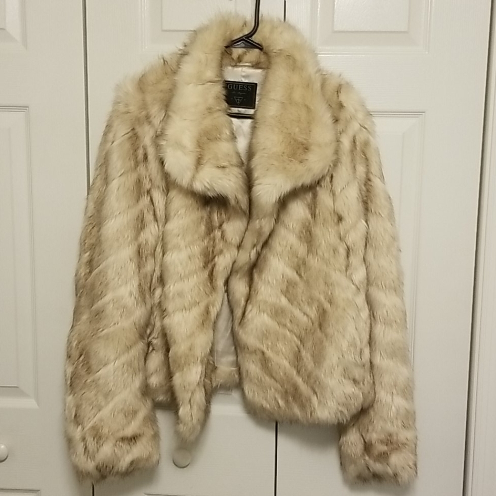 Guess Plush Faux Fur Teddy Jacket in Light Cream